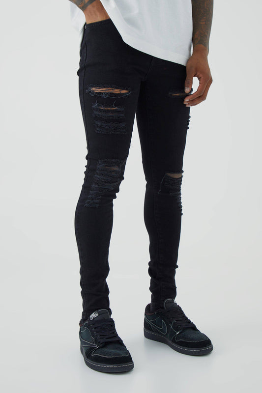 boohooMAN Mens Super Skinny Distressed Paint Splat Jeans - Black