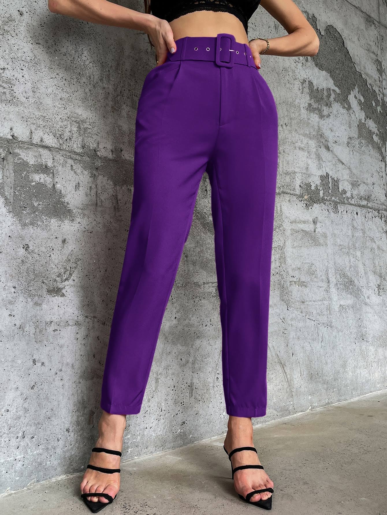 Solid Belted Tapered Trousers