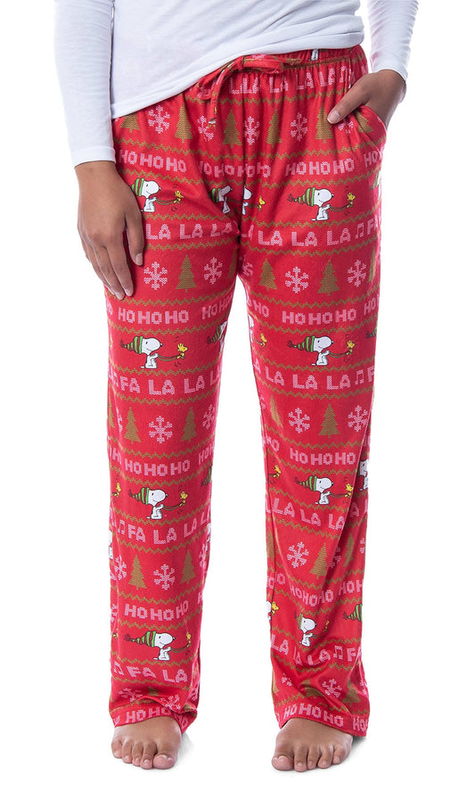 Intimo Peanuts Womens Snoopy and Woodstock HO HO HO Ugly Sweater Pajama Pants (XS) Red