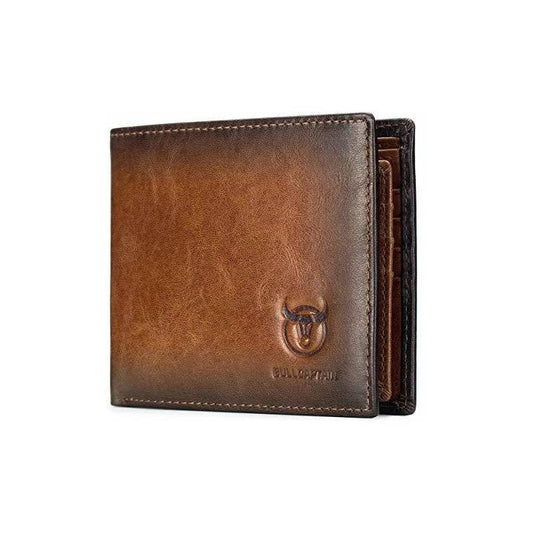 Bullcaptain RFID Wallets for Men Slim Bifold Genuine Leather Front Pocket Wallet with 2 ID Windows QB-05 (Brown)