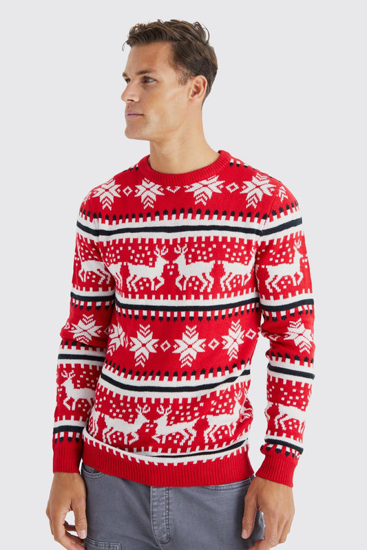 boohooMAN Mens Tall Reindeer Fairisle Panel Christmas Sweater - Red