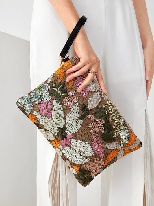 Floral Applique Detail Sequins Colourblock Straw Bag