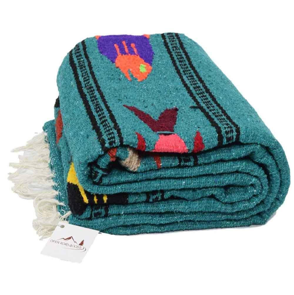 Turquoise Mexican Blanket with Fish / Teal Mexican Yoga Baja Blanket