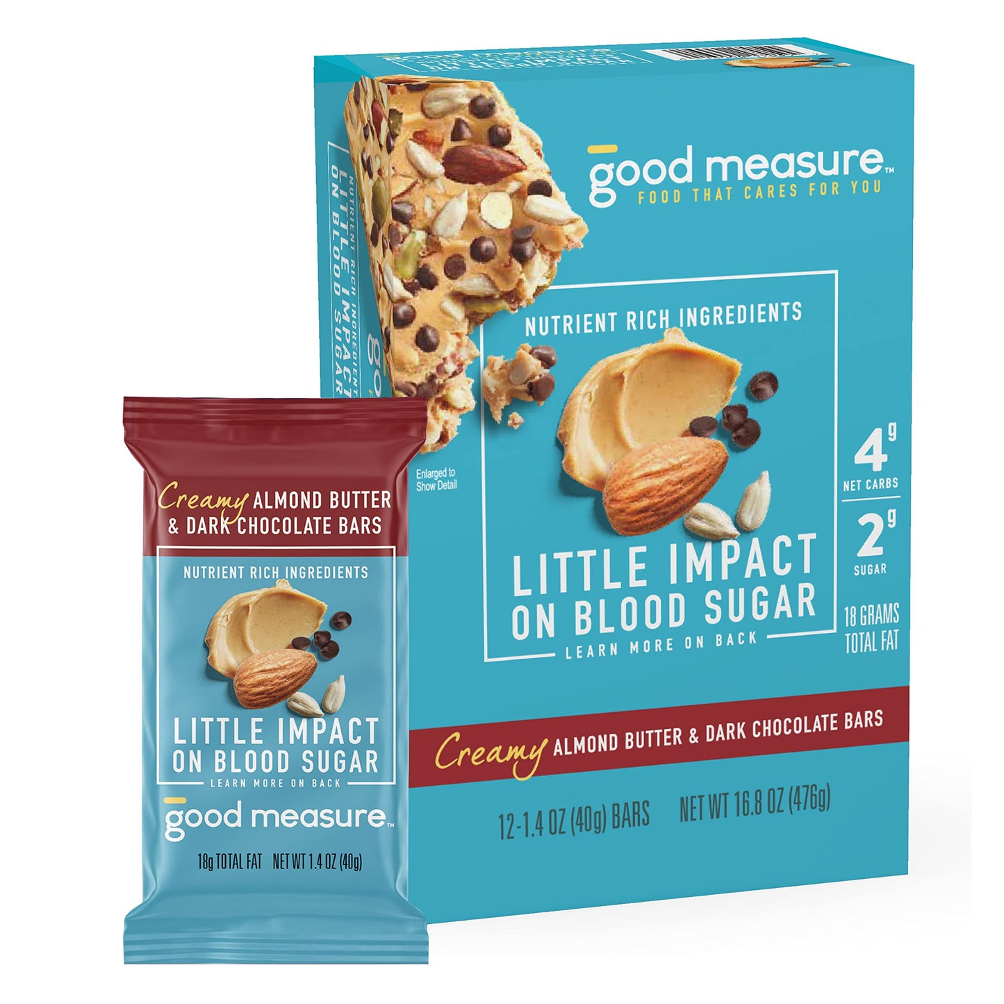 Good Measure Bars, Almond Butter & Dark Chocolate - 4G Net Carbs, 8g Protein - Nutrient-Rich Low Carb Snack, Keto Friendly Food - Little Impact on