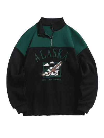 ZAFUL Mens Streetwear Vintage ALASKA Graphic Eagle Printed Colorblock Fleece Quarter Zip Sweatshirt