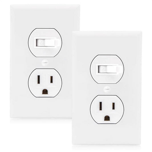 Maxxima Single Pole Combination Toggle Light Switch and Outlet, White, Wall Plates Included (2 Pack)