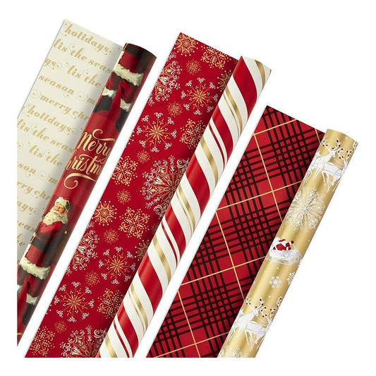 Hallmark Christmas Reversible Wrapping Paper, Classic Santa Pack of 3, 120 Sq.