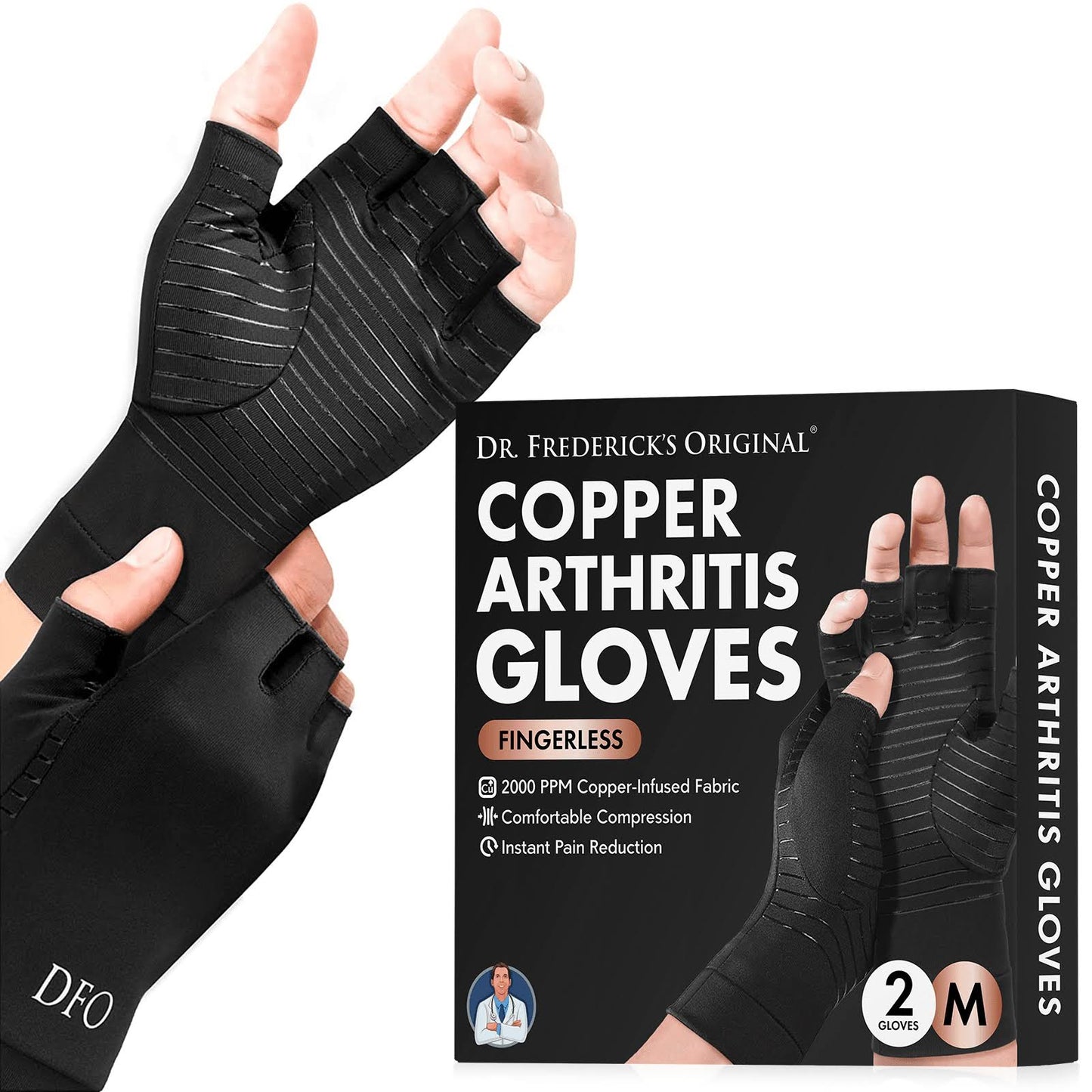 Dr. Fredericks Original Copper Arthritis Glove - 2 Gloves - Perfect Computer Typing Gloves - Fit Guaranteed - Large Fingerless - Black Large