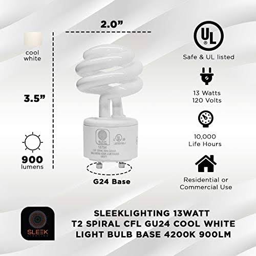 Sleeklighting - 13Watt GU24 Base 2 Prong Light Bulbs- UL approved-13w 120V 60Hz Light Bulb- Mini Twist Lock Spiral -Self Ballasted CFL Two Pin