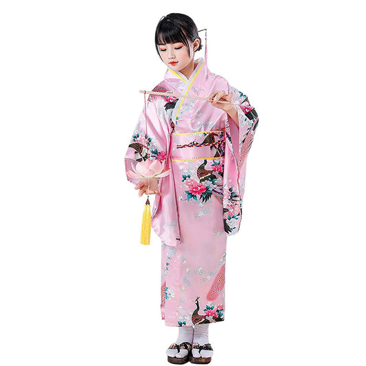 QYUU Japanese Kimono Kids Dress Traditional Peacock Flower Long Yukata Haori Costume Geisha Girls Fancy Dress