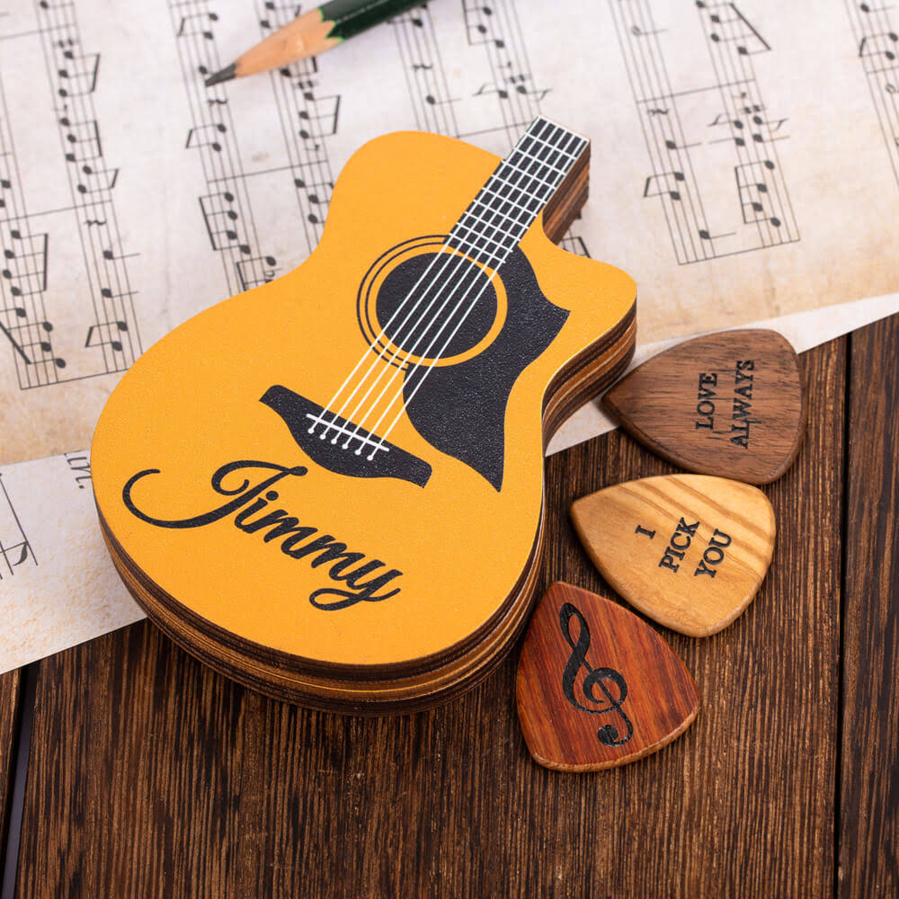 Personalised Wooden Guitar Picks With Case