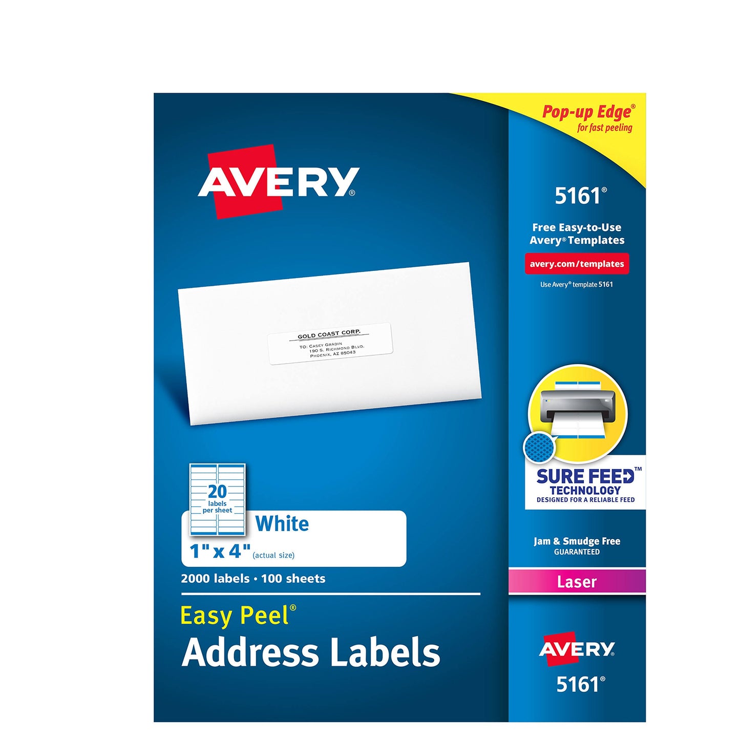 Avery Easy Peel Address Labels for Laser Printers 5161 , 1 inch x 4 inch, Box of 2,000, White