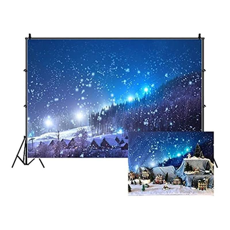 Leowefowa Christmas Backdrop Rustic Village Night View Forest Trees Snowing Shining Lights Blue Sky Winter Xmas Vinyl Photography Background