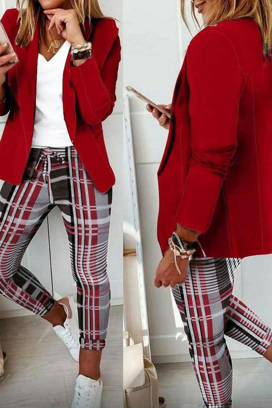 chicme Plaid Shawl Collar Blazer Pants Set