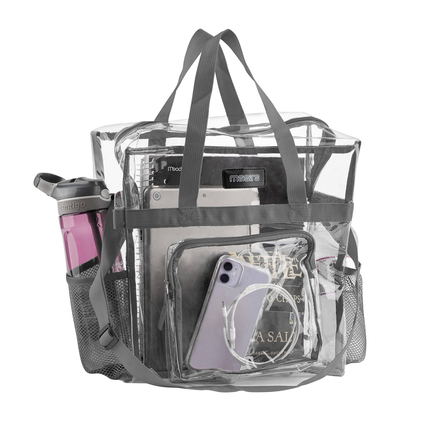 Masirs Clear Tote Bag Stadium Approved - Mesh Pockets Shoulder Straps Zippered Top Perfect for Work School Games Concerts