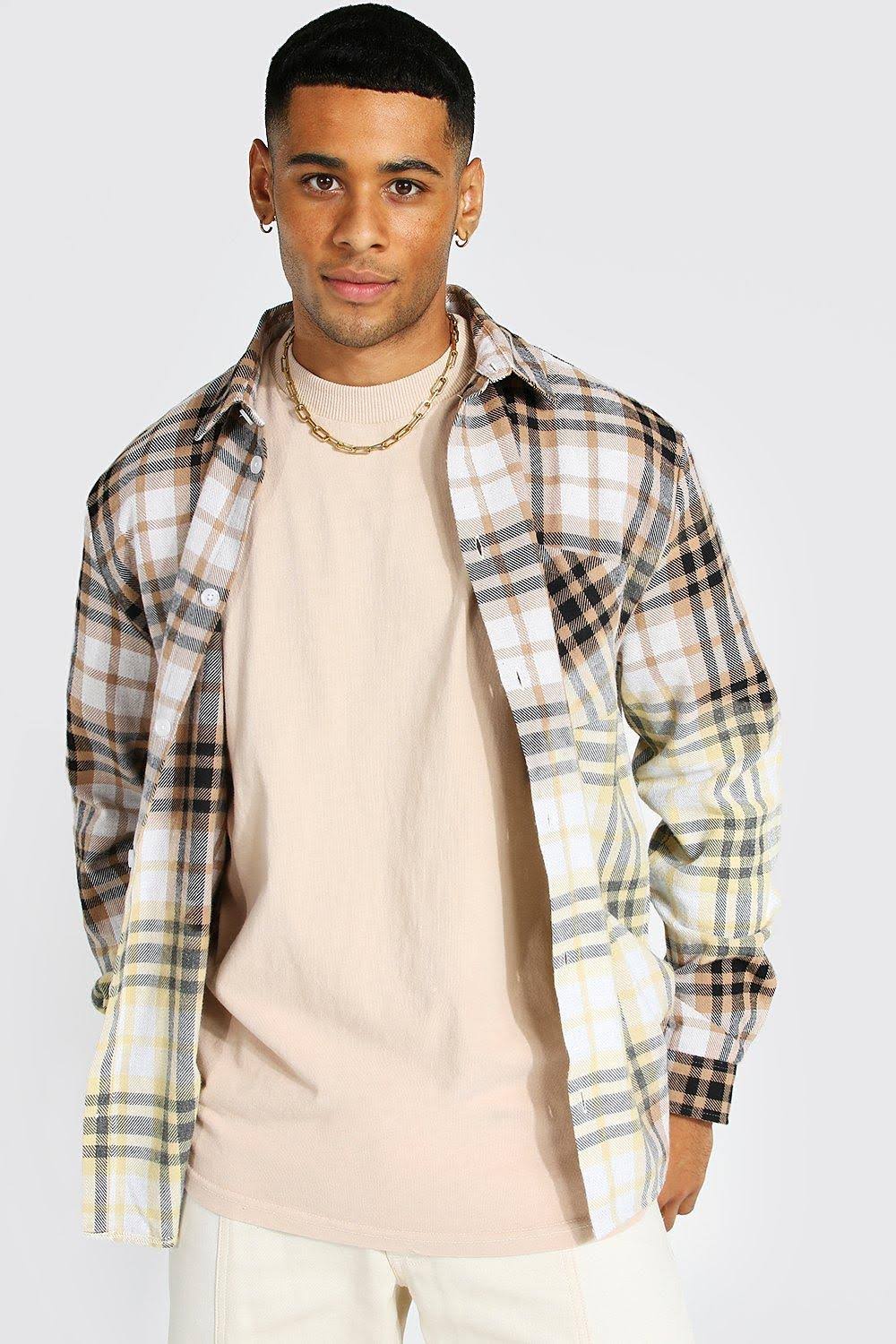 boohooMAN Heavy Weight Bleached Flannel Shirt Jacket - Beige - Size L