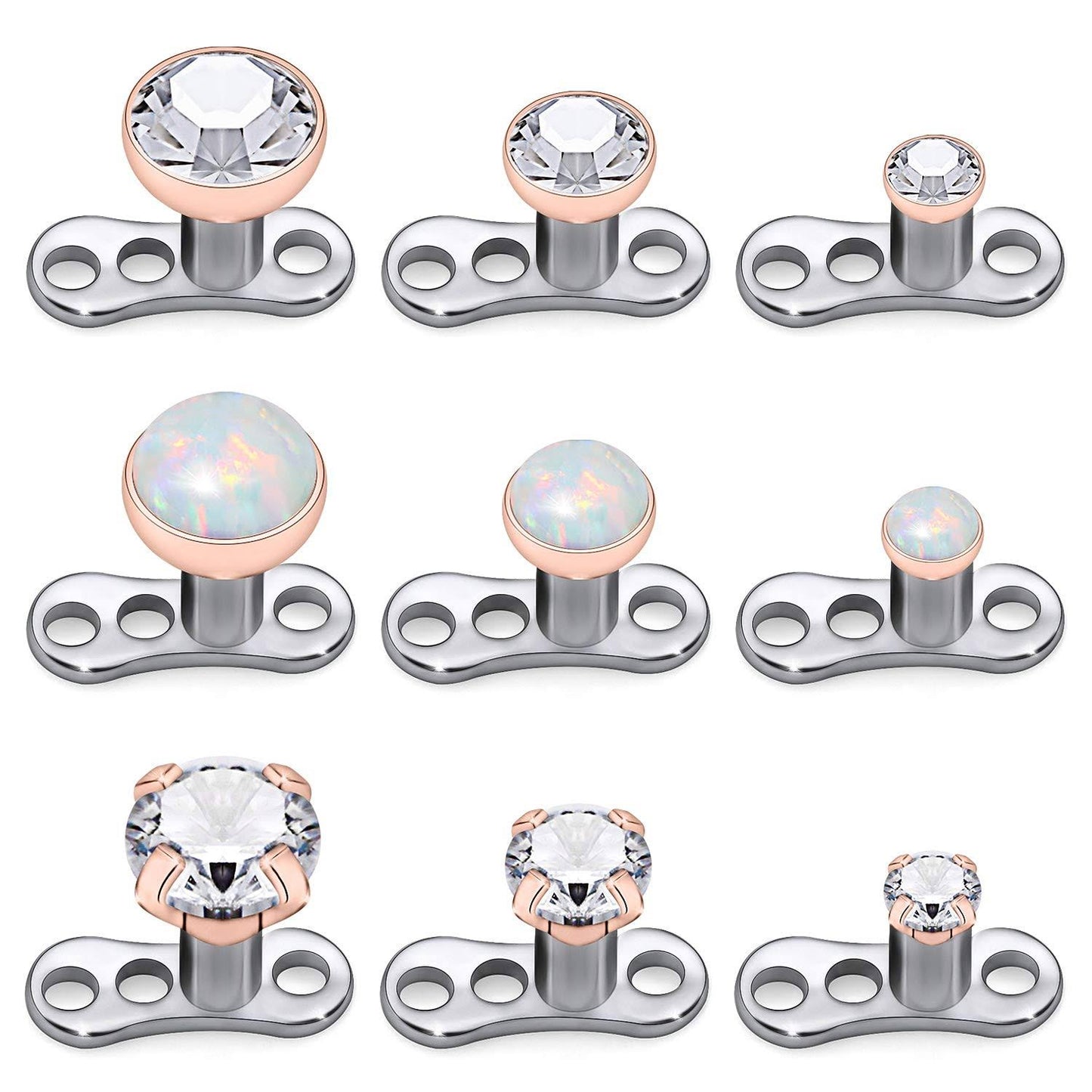 Kridzisw 9pcs Opal Stone Dermal Anchor Tops and Base 316L Surgical Steel Titanium Microdermal Piercing Body Jewelry Top Size 2mm 3mm 4mm