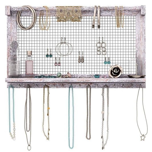 Comfify Rustic Jewelry Organizer – Wall Mounted Jewelry Holder with Removable Bracelet Rod Shelf and 16 Hooks – Perfect Earrings Necklaces