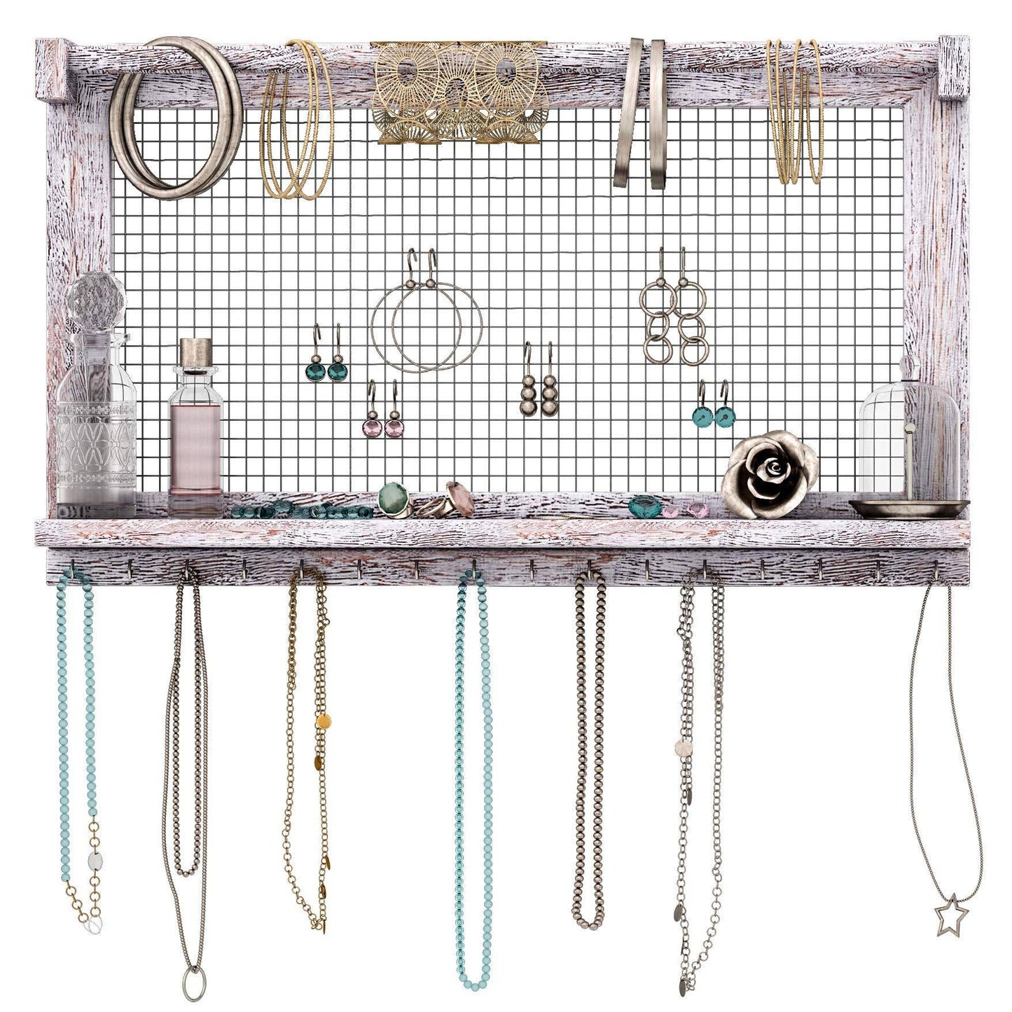 Comfify Rustic Jewelry Organizer - Wall Mounted Jewelry Holder w/Removable Bracelet Rod Shelf & 16 Hooks - Perfect Earrings Necklaces & Bracel