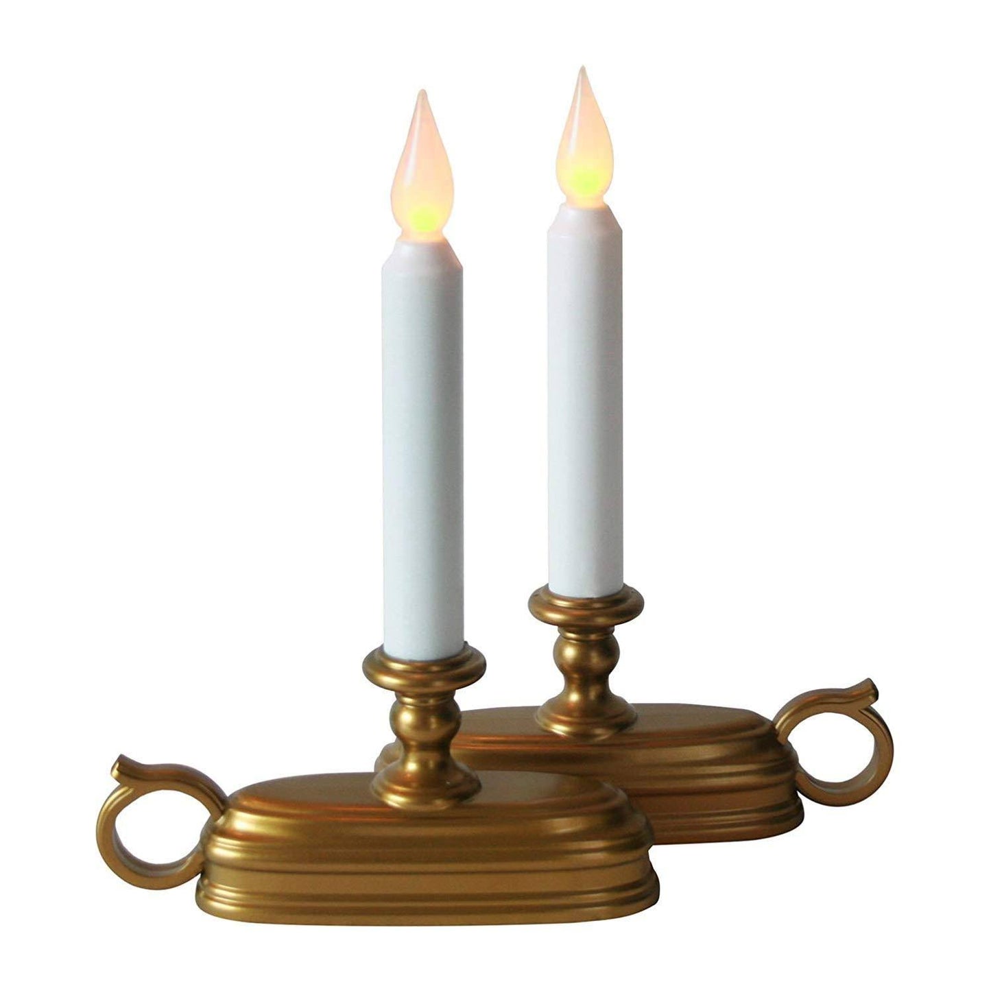 Lamplust Battery Window Candles with Timer - Set of 2, Brass Old Fashioned Holders with White Flameless Tapers, Warm