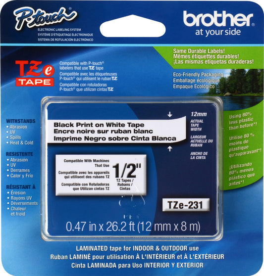 Brother Tape, Laminated Black on White, 12mm (TZE231)