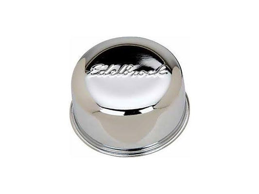 Edelbrock 4405 BREATHER, Signature Series, Push-In, Round, 1-1/4 in Hole, Edelbrock Logo, Steel, Chrome, Each - Edelbrock