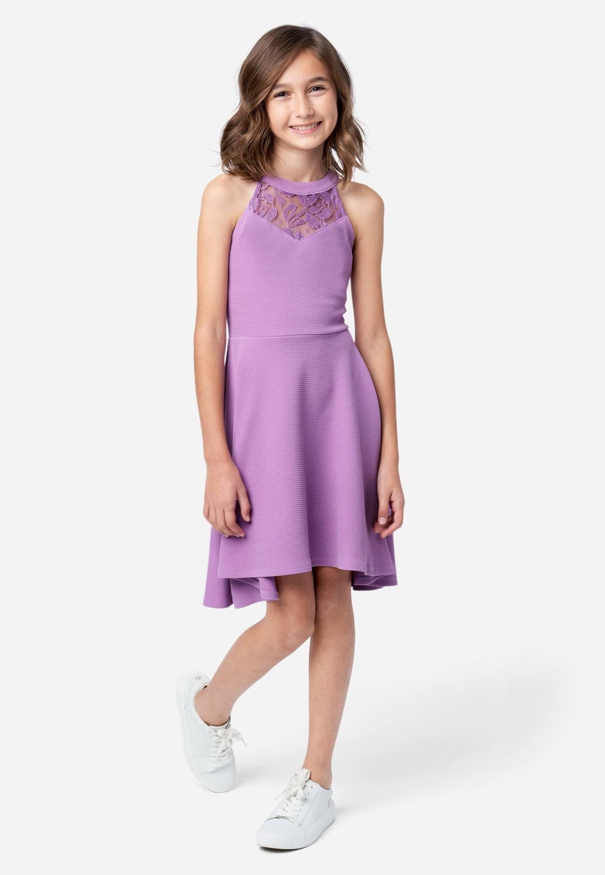 Justice Lace-Accent Girls Halter Dress in Purple, Size Large (12/14)