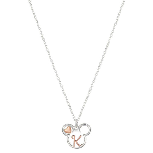 Disneys Mickey Mouse Two Tone 14k Rose Gold & Fine Silver Plated Mickey Letter Initial Heart Pendant Necklace Womens