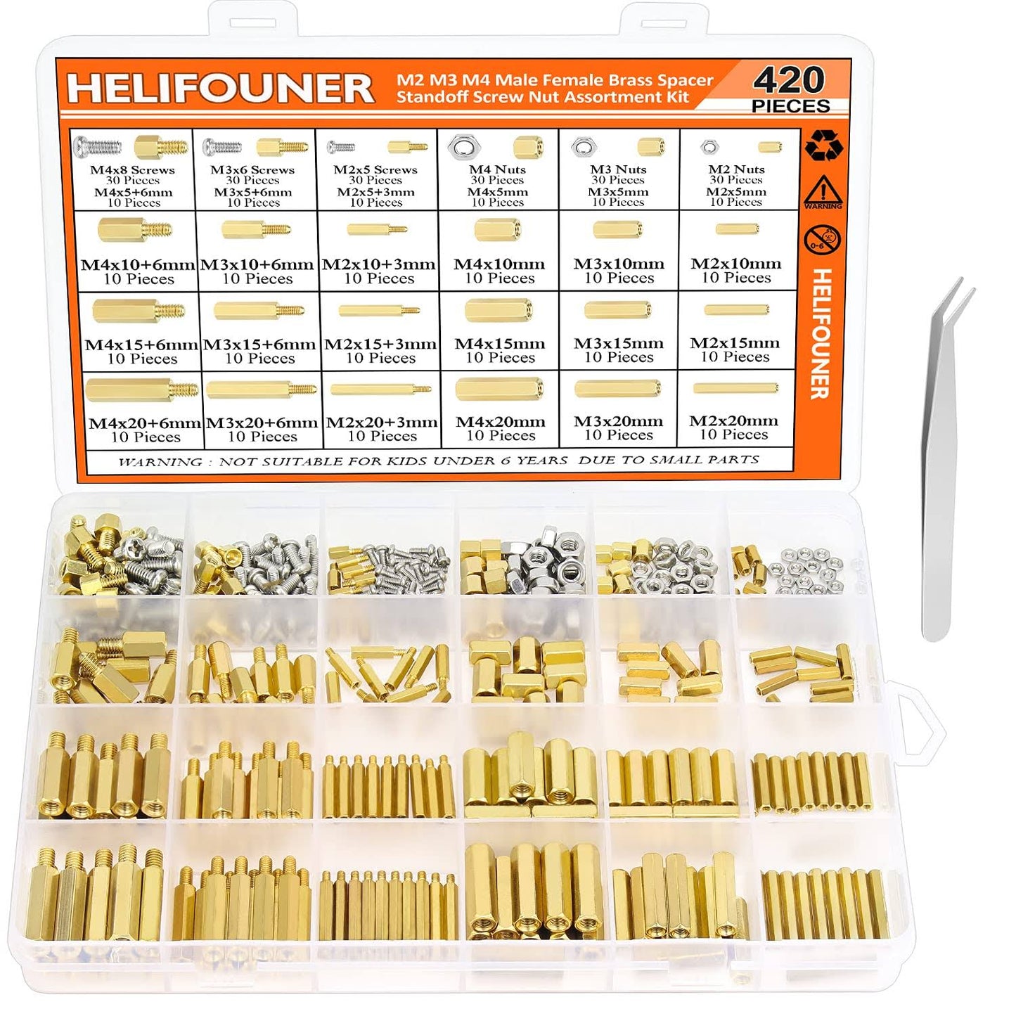 HELIFOUNER 420 Pieces M2 M2.5 M3 Male Female Hex Brass Spacers Standoffs Screws Nuts Assortment Kit with A Tweezers