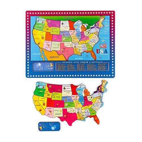 Wondertoys 21 Pieces Wooden USA Map Puzzle Educational Geography Jigsaw Puzzle Toys for Kids