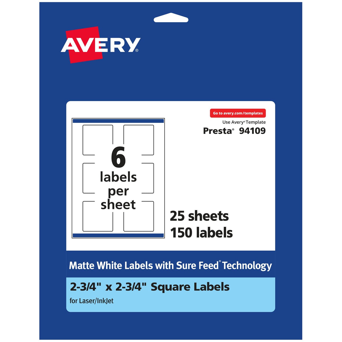 Avery Matte White Square Labels with Sure Feed, 1 inch x 1 inch, 2,400 Matte White Printable Labels, Size: 1 x 1