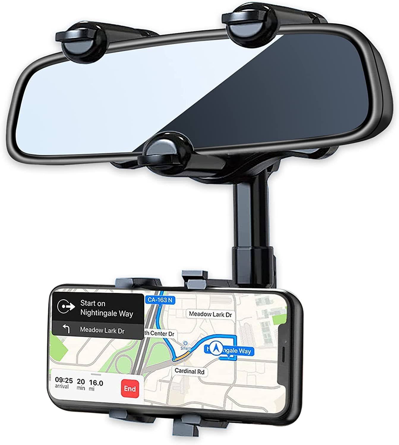 Pkyaa Rearview Mirror Phone Holder for Car, 360° Rotating Rear View Mirror Phone Mount with Adjustable Arm Length, Multifunctional Phone and GPS