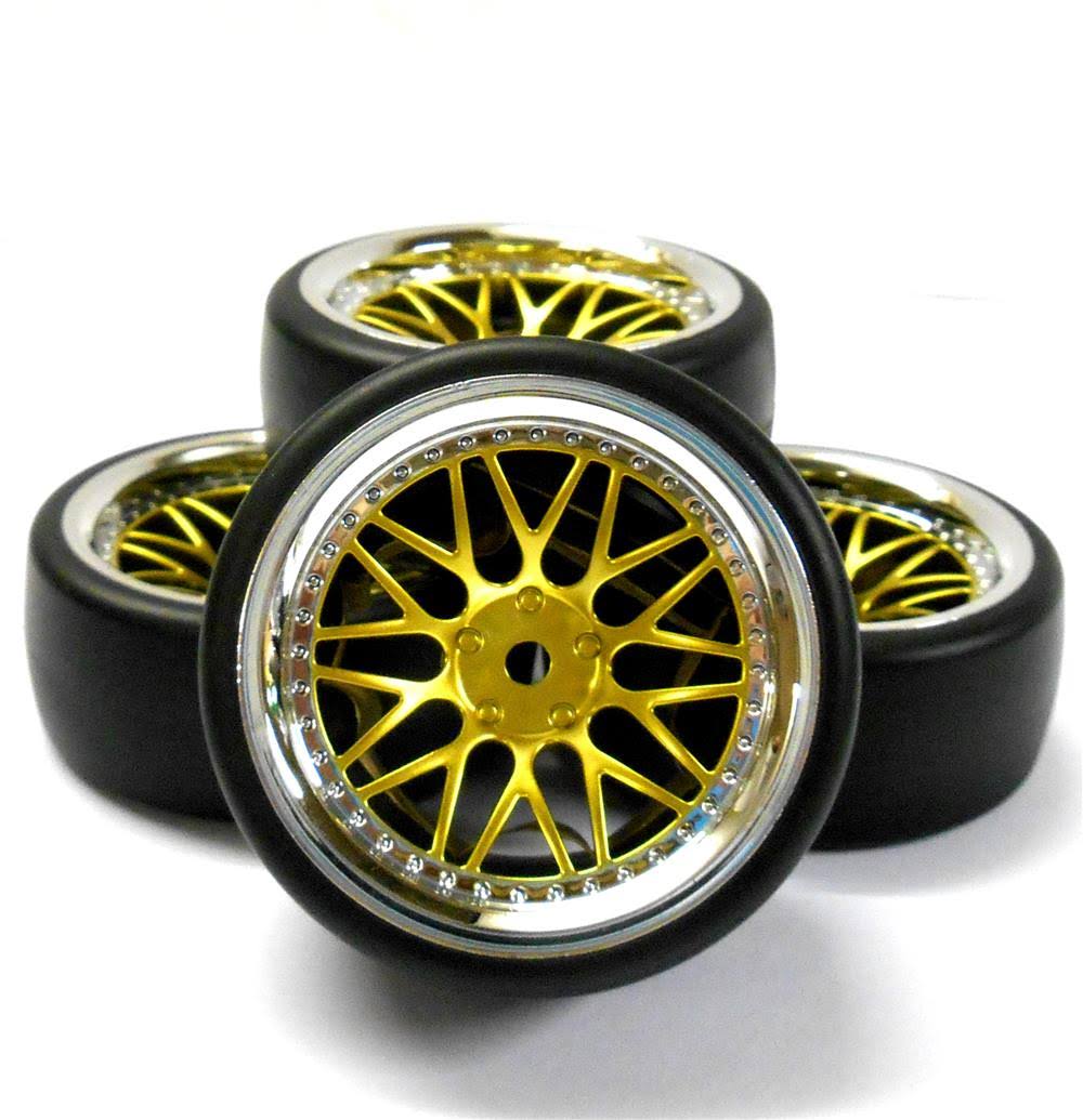 Yeah Racing Spec D Pre-Mounted Drift Tires w/LS Mesh Wheels (Chrome/Gold) (4) w/12mm Hex & 6mm Offset (WL-0099)