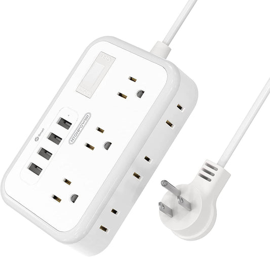 Ntonpower Flat Plug Power Strip with 4 USB Ports 6 Outlets, White / 25ft