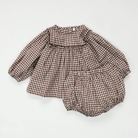 Baby Plaid Puff Sleeve Top & Shorts Set