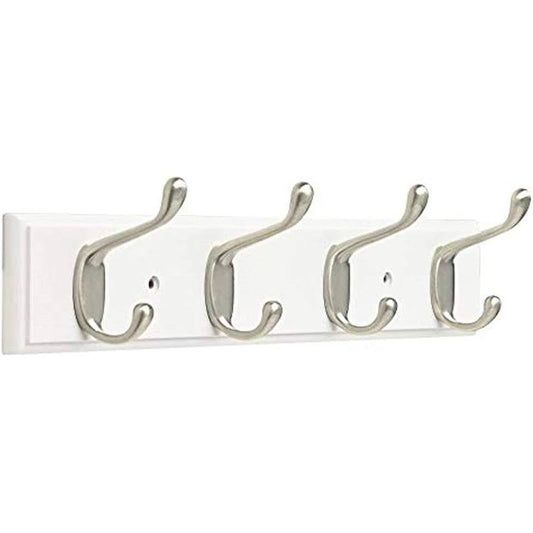 Franklin Brass FBHDCH4-WSE-R 16 Hook Rail / Rack with 4 Heavy Duty Coat and Hat Hooks in White & Satin Nickel