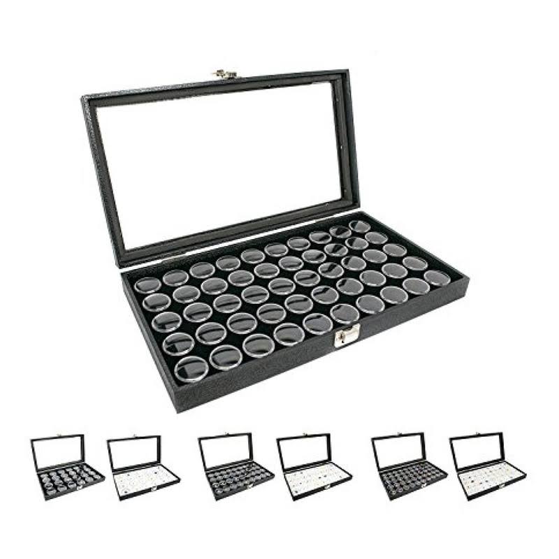 Novel Box Large Glass Top Black Leatherette Jewelry Display Case + 50 Count Jar Insert Tray in Black + Custom NB Pouch