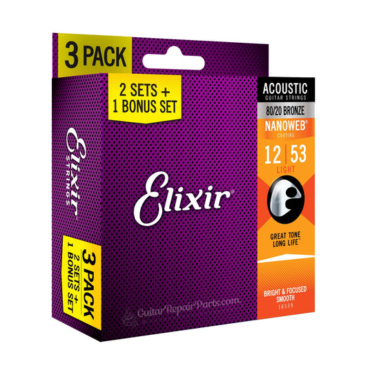 Elixir 16539 Nanoweb 80/20 Bronze Acoustic Guitar Strings - Light (12-53) 3-Pack