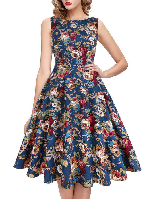 IHOT Vintage Tea Dress 1950s Floral Flare Casual Garden Retro Swing Party Cocktail Dress for Women