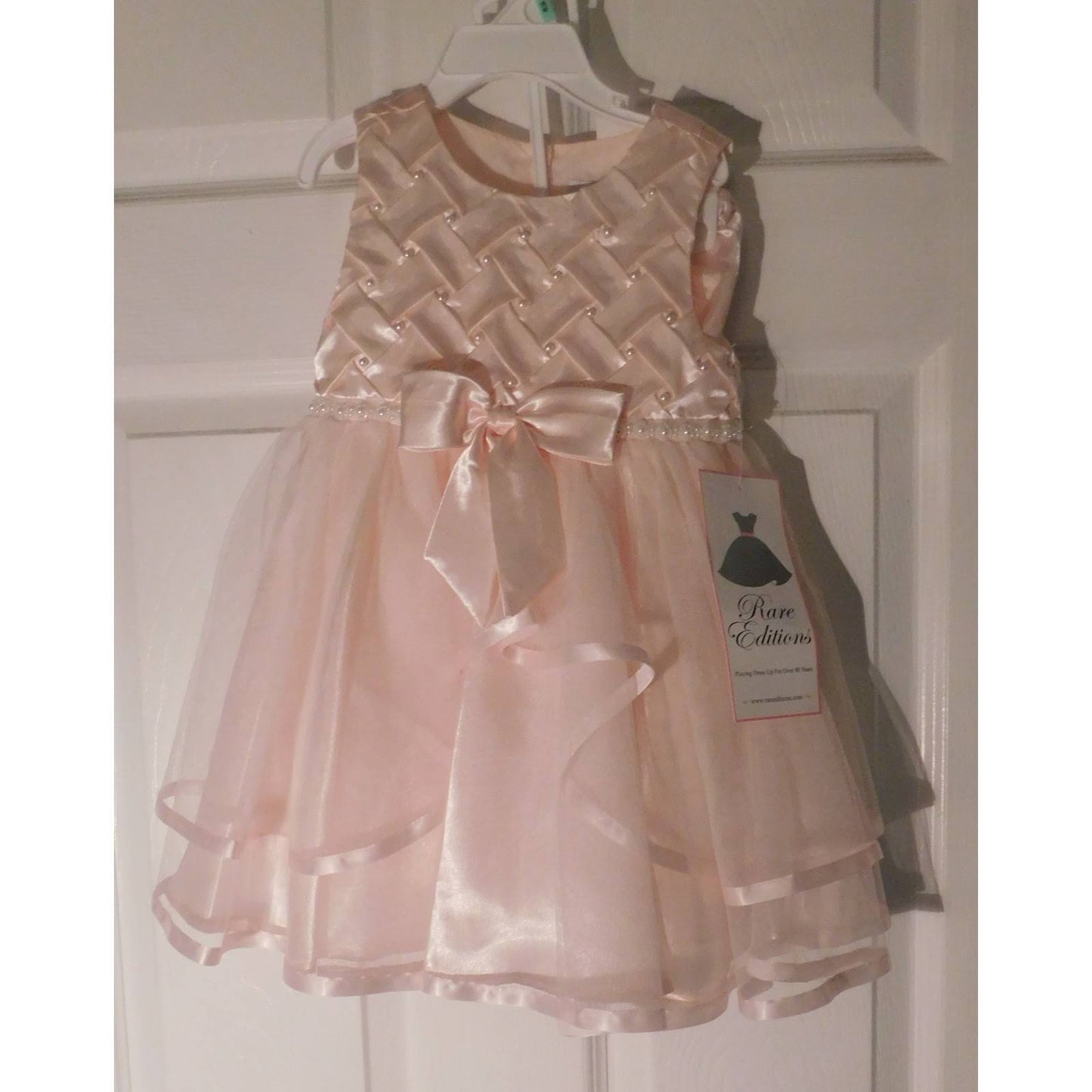 Rare Editions Baby Girls Basket Weave Social Dress with Two Tiered Ribbon Skirt - Peach - Size 18 Months