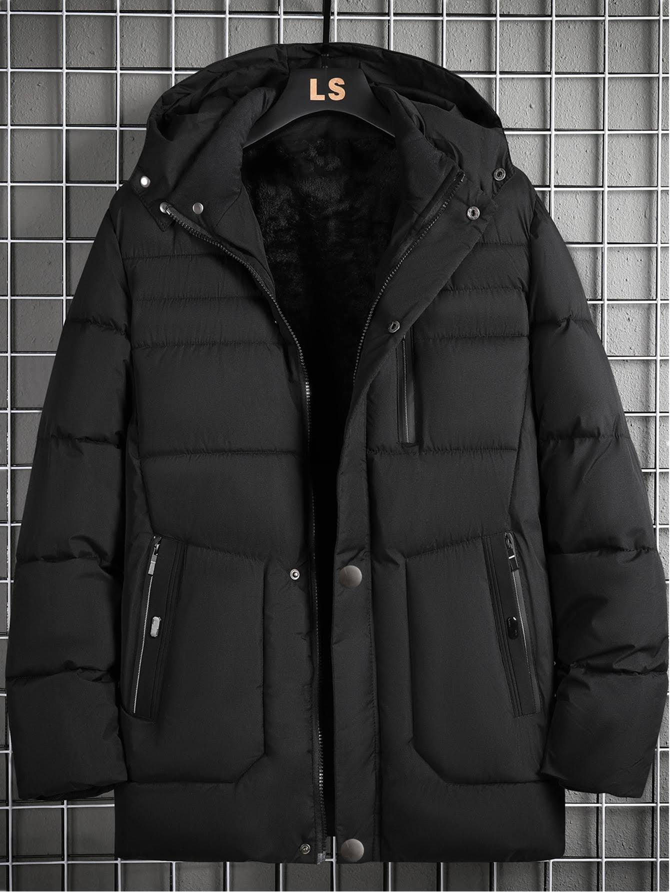 Men Zip Detail Thermal Lined Hooded Puffer Coat