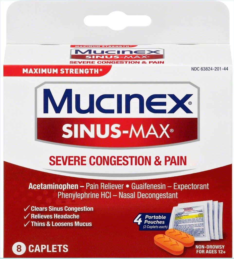 Mucinex Sinus-Max Congestion Relief, Severe, Maximum Strength, Caplets, Portable Pouches - 4 - 2 caplet pouches [8 caplets]