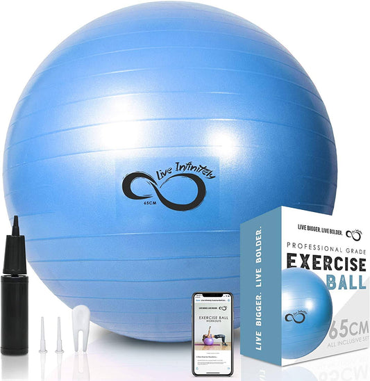 Live Infinitely Exercise Ball (55cm-95cm) Extra Thick Professional Grade Balance & Stability Ball- Anti Burst Tested Supports 2200lbs- Includes Hand