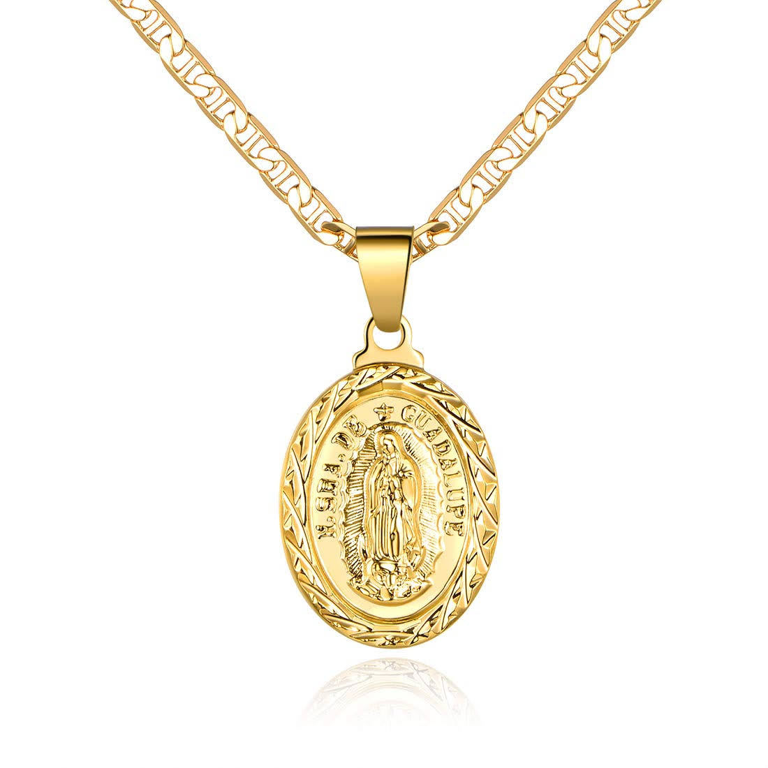 Barzel 18K Gold Plated Flat Mariner/Marina 060 3mm Chain Necklace with Virgin Mary Guadalupe Charm Pendant