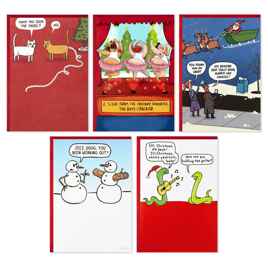 Hallmark Shoebox Funny Christmas Cards Assortment, 5 Cards with Envelopes (Cats, Snowmen, Santa)