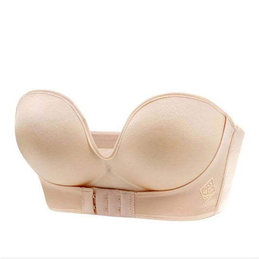 Magic Strapless Front Buckle Bra, Backless Plunge Bra Design, Push Up, Low Back Bra, Wireless Halter Bra, Beige / C / 32(70)