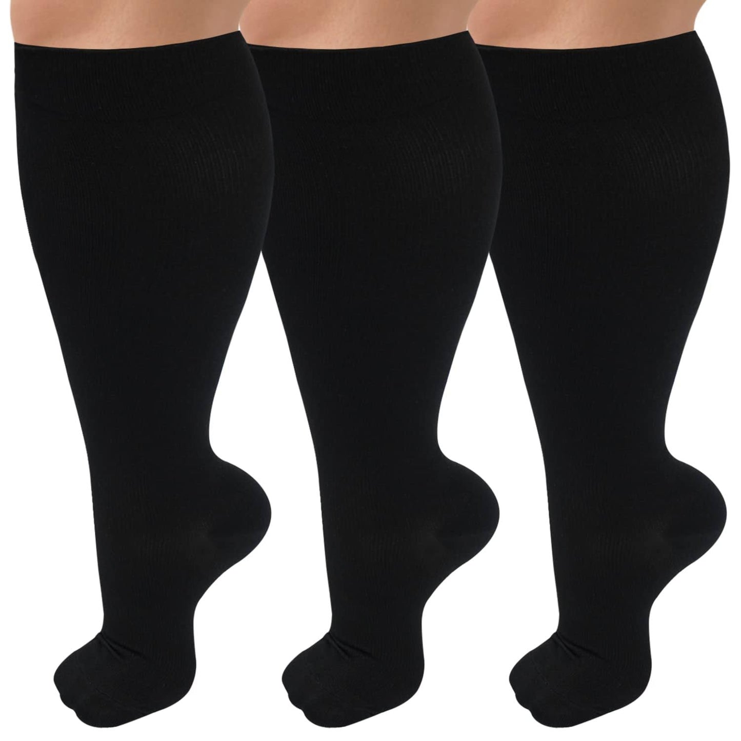 3 Pack Plus Size Compression Socks for Women & Men, 20-30 mmHg Extra Wide Calf Knee High Stockings for Circulation Support