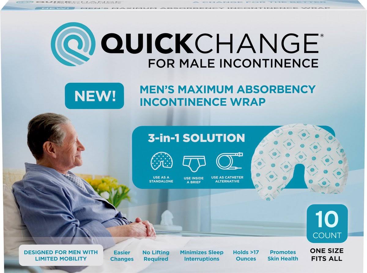 QuickChange Mens Incontinence Wrap, Maximum Absorbency Catheter Alternative for Males with Reduced Mobility | 17 Ounce Capacity, Adjustable size, 100