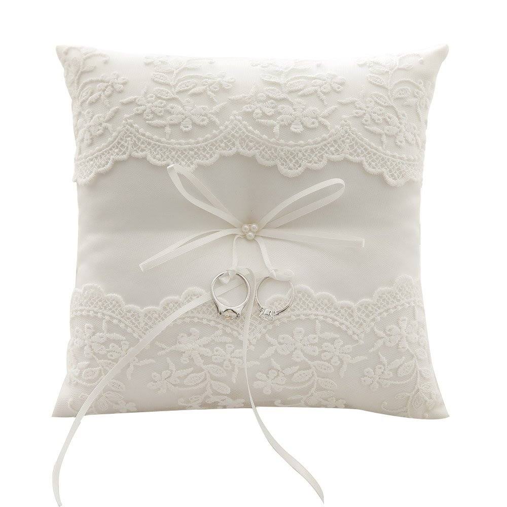 Awtlife Lace Pearl Wedding Ring Pillow Ivory Cushion Bearer 8.26 inch for Beach