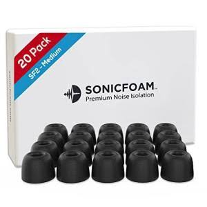 SonicFoam Memory Foam Earbud Tips - Premium Noise Isolation, Replacement Foam Earphone Tips, 20 Pack for in Ear Headphone Earbuds (SF1 Medium, Black)